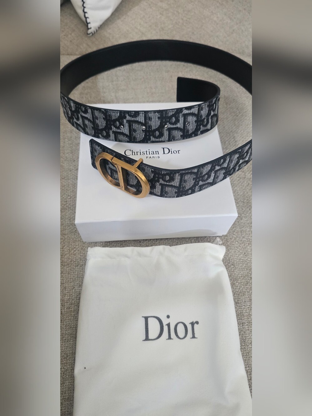 Dior Men’s Black and Gray Oblique Canvas Belt with Gold CD Buckle